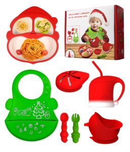 silicone baby feeding set for christmas,toddler plates and bowls set with suction, baby-led weaning supplies with adjustable bib, sippy cup,chewable spoons & forks, baby utensils 6+months