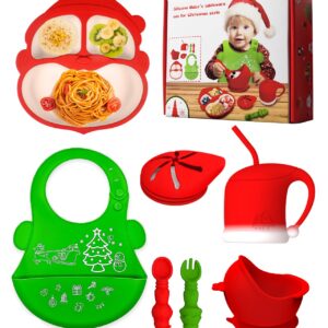 Silicone Baby Feeding Set for Christmas,Toddler Plates and Bowls Set with Suction, Baby-Led Weaning Supplies with Adjustable Bib, Sippy Cup,Chewable Spoons & Forks, Baby Utensils 6+Months