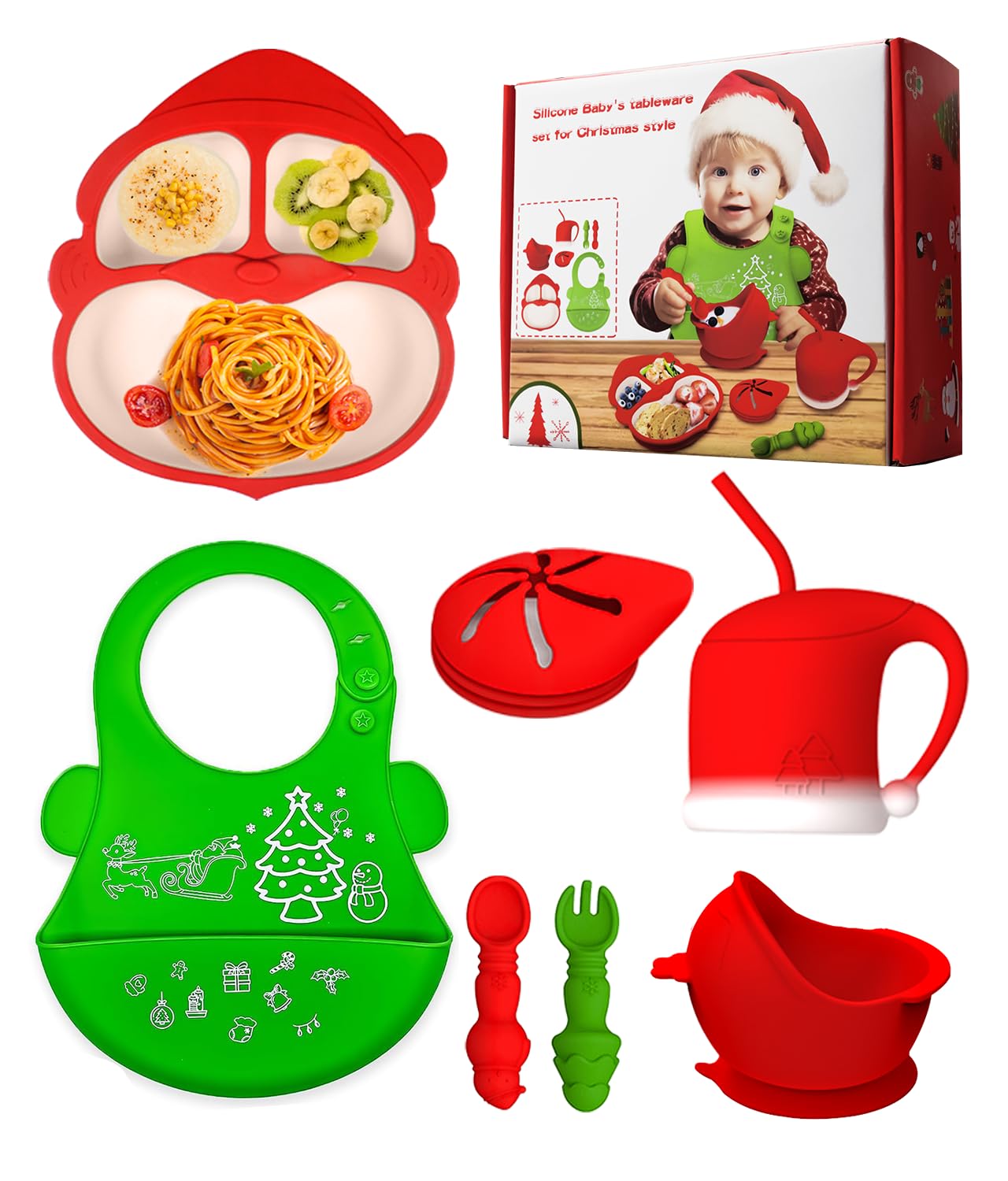 Silicone Baby Feeding Set for Christmas,Toddler Plates and Bowls Set with Suction, Baby-Led Weaning Supplies with Adjustable Bib, Sippy Cup,Chewable Spoons & Forks, Baby Utensils 6+Months