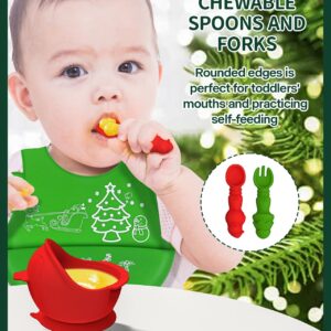 Silicone Baby Feeding Set for Christmas,Toddler Plates and Bowls Set with Suction, Baby-Led Weaning Supplies with Adjustable Bib, Sippy Cup,Chewable Spoons & Forks, Baby Utensils 6+Months