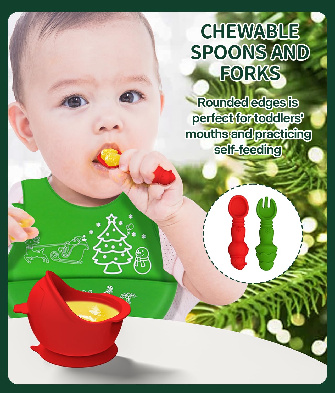 Silicone Baby Feeding Set for Christmas,Toddler Plates and Bowls Set with Suction, Baby-Led Weaning Supplies with Adjustable Bib, Sippy Cup,Chewable Spoons & Forks, Baby Utensils 6+Months