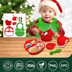 Silicone Baby Feeding Set for Christmas,Toddler Plates and Bowls Set with Suction, Baby-Led Weaning Supplies with Adjustable Bib, Sippy Cup,Chewable Spoons & Forks, Baby Utensils 6+Months