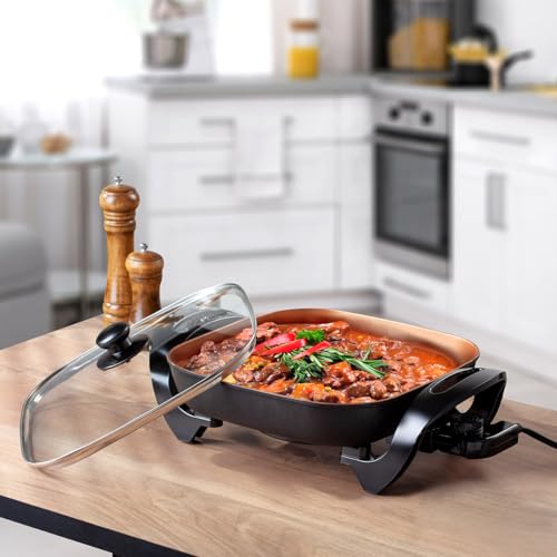 Holstein Housewares 12-Inch Electric Skillet and Frying Pan with Glass Lid, Non-Stick Coating, Temperature Control with Removable Heating Probe, Copper and Black Color