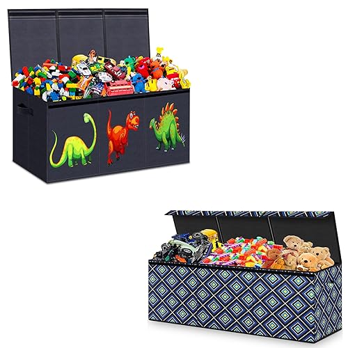 HOMEMARVEL Toy Box for Boys, Black Dinosaur and Blue Square