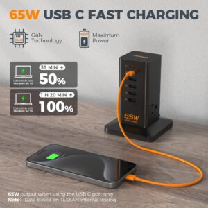 Desk Charging Station for Multiple Devices 65W, TESSAN 6 Port GaN USB Fast Charger Tower with 3 Outlets, Type C Desktop Charger Hub for Cellphone Tablet Earphone, Home Office Travel Accessories