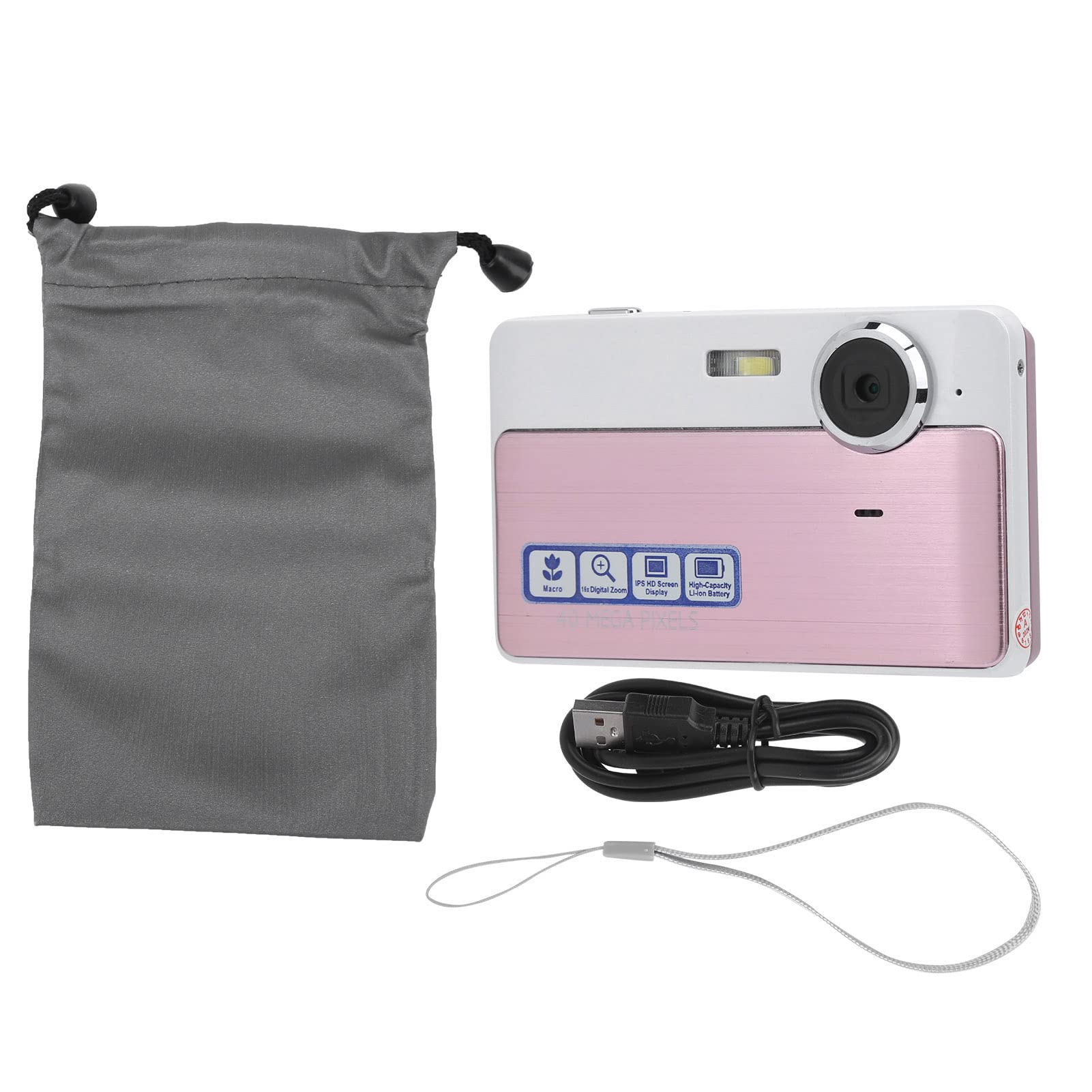 Beginner Digital Camera, 40MP Video, 16x Zoom, USB Rechargeable, Easy Download, Great School Students (Pink)