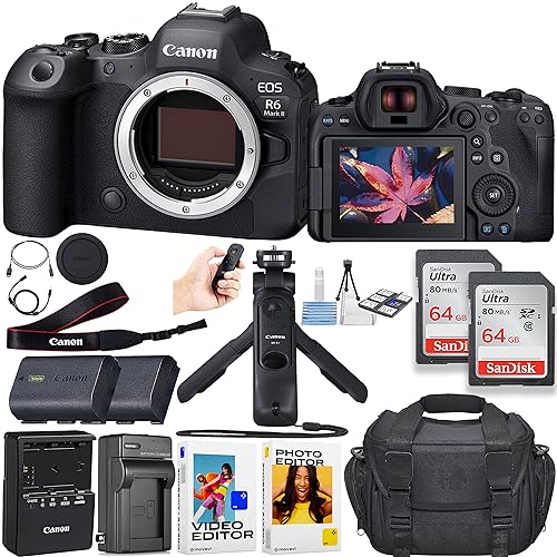 Canon EOS R6 Mark II Mirrorless Camera (Body Only) + 2pc 64GB Memory Cards + Canon HG-100TBR Tripod Grip + Spare Battery + Case & More (Renewed)