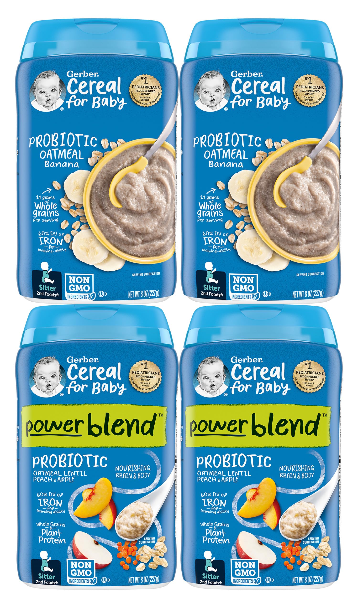 ‎Gerber 2nd Foods Cereal for Baby Variety Pack, 2 Probiotic Oatmeal Banana & 2 Powerblend Probiotic Oatmeal Lentil Peach Apple Variety Pack