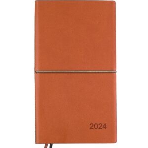 2024 planner/pocket calendar 4"x7": 14 months (nov 2023 - dec 2024) weekly, monthly calendars, leather material, elastic closure, decorative stitching, page finder ribbons and notes pages(brown/black)