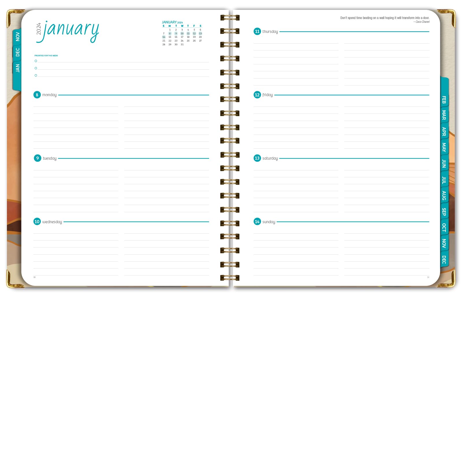 Global Printed Products, HARDCOVER 2024 Planner: (November 2023 Through December 2024) 8.5"x11" Daily Weekly Monthly Planner Yearly Agenda Bookmark, Pocket Folder & Sticky Note Set (Golden Desert)