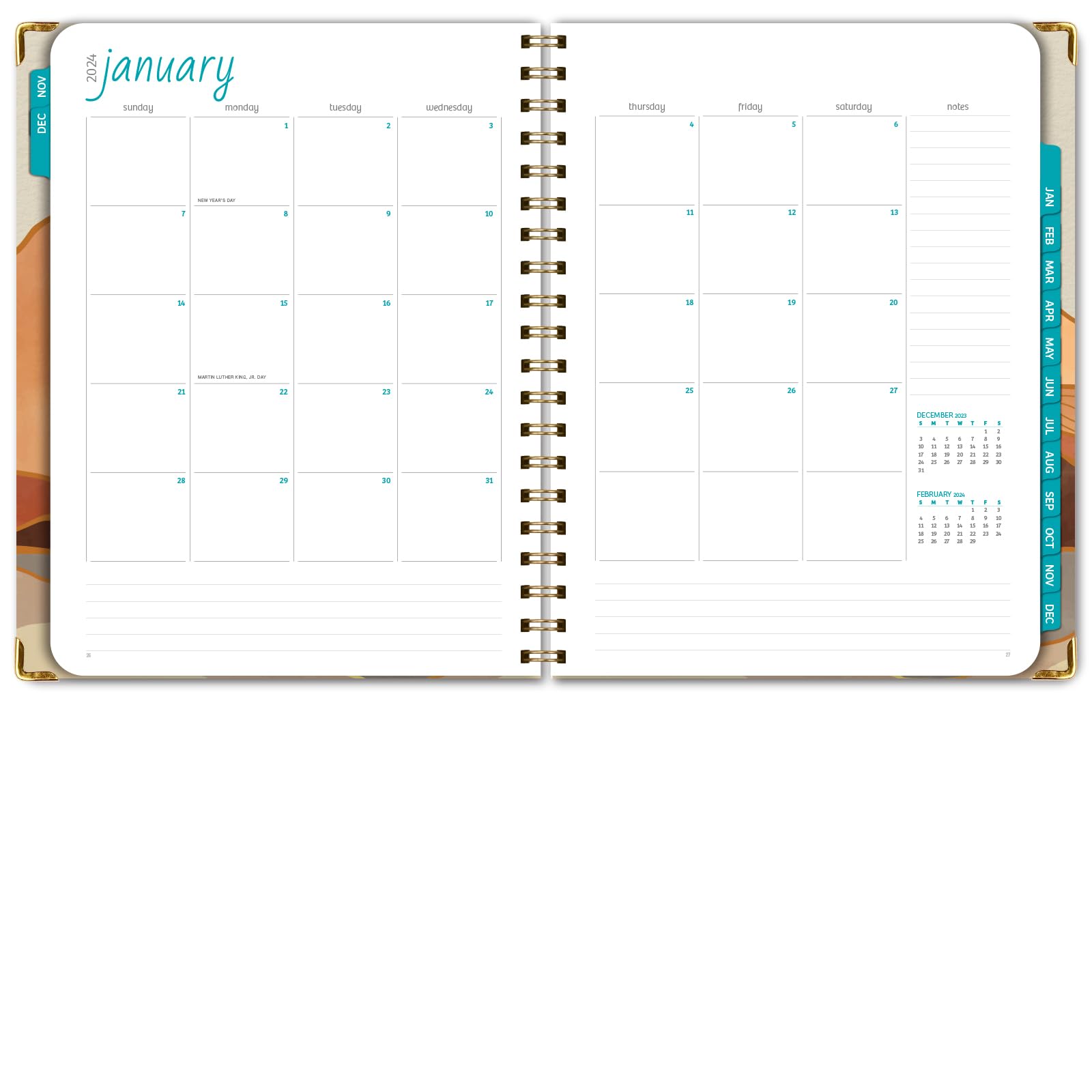 Global Printed Products, HARDCOVER 2024 Planner: (November 2023 Through December 2024) 8.5"x11" Daily Weekly Monthly Planner Yearly Agenda Bookmark, Pocket Folder & Sticky Note Set (Golden Desert)