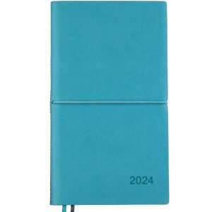 2024 planner/pocket calendar 4"x7": 14 months (nov 2023 - dec 2024) weekly, monthly calendars, leather material, elastic closure, decorative stitching, page finder ribbons and notes pages (blue/black)