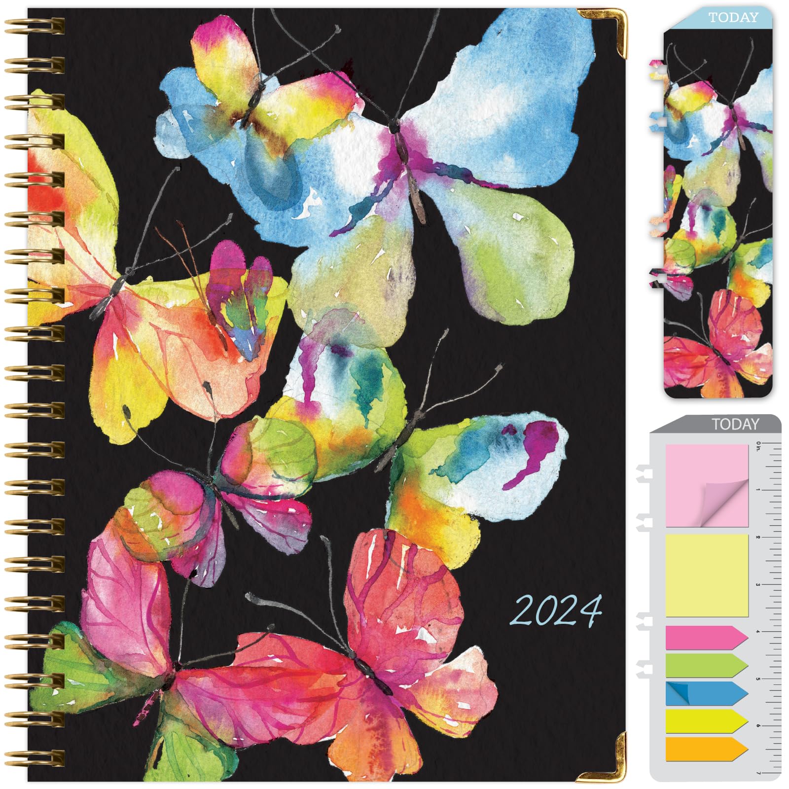 HARDCOVER 2024 Planner: (November 2023 Through December 2024) 8.5"x11" Daily Weekly Monthly Planner Yearly Agenda. Bookmark, Pocket Folder and Sticky Note Set (Black Watercolor Butterflies)