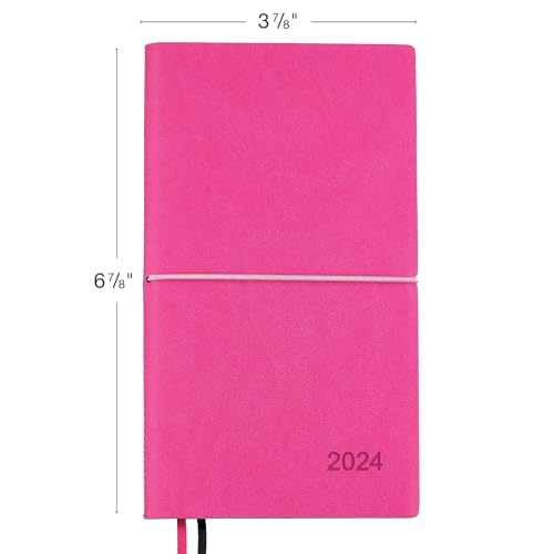 2024 Planner/Pocket Calendar 4"x7": 14 Months (Nov 2023 - Dec 2024) Weekly, Monthly Calendars, Leather Material, Elastic Closure, Decorative Stitching, Page Finder Ribbons and Notes Pages (Pink/Black)