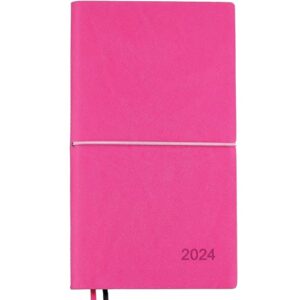 2024 planner/pocket calendar 4"x7": 14 months (nov 2023 - dec 2024) weekly, monthly calendars, leather material, elastic closure, decorative stitching, page finder ribbons and notes pages (pink/black)