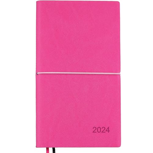 2024 Planner/Pocket Calendar 4"x7": 14 Months (Nov 2023 - Dec 2024) Weekly, Monthly Calendars, Leather Material, Elastic Closure, Decorative Stitching, Page Finder Ribbons and Notes Pages (Pink/Black)