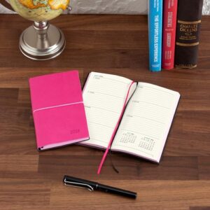 2024 Planner/Pocket Calendar 4"x7": 14 Months (Nov 2023 - Dec 2024) Weekly, Monthly Calendars, Leather Material, Elastic Closure, Decorative Stitching, Page Finder Ribbons and Notes Pages (Pink/Black)