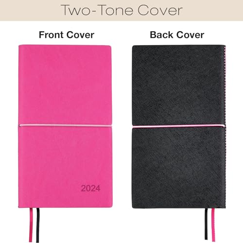 2024 Planner/Pocket Calendar 4"x7": 14 Months (Nov 2023 - Dec 2024) Weekly, Monthly Calendars, Leather Material, Elastic Closure, Decorative Stitching, Page Finder Ribbons and Notes Pages (Pink/Black)