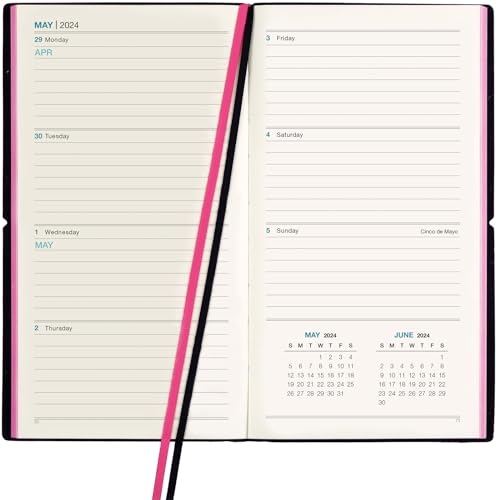 2024 Planner/Pocket Calendar 4"x7": 14 Months (Nov 2023 - Dec 2024) Weekly, Monthly Calendars, Leather Material, Elastic Closure, Decorative Stitching, Page Finder Ribbons and Notes Pages (Pink/Black)