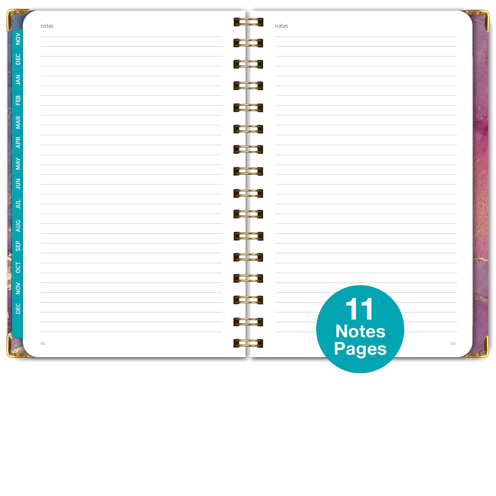 Global Printed Products HARDCOVER 2024 Planner: (November 2023 Through December 2024) 5.5"x8" Daily Weekly Monthly Planner Yearly Agenda Bookmark, Pocket Folder & Sticky Note Set (Pink Purple Marble)