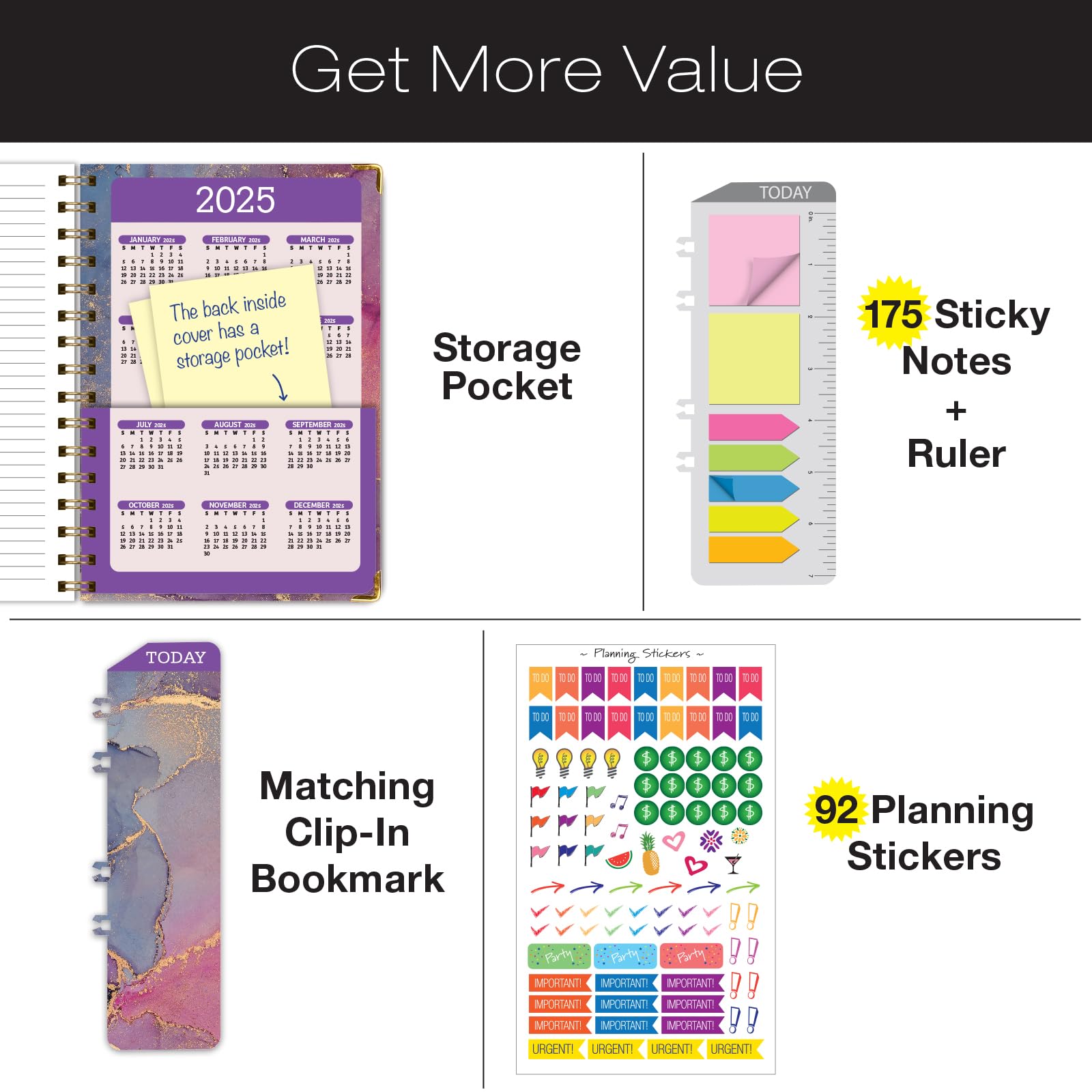 Global Printed Products HARDCOVER 2024 Planner: (November 2023 Through December 2024) 5.5"x8" Daily Weekly Monthly Planner Yearly Agenda Bookmark, Pocket Folder & Sticky Note Set (Pink Purple Marble)