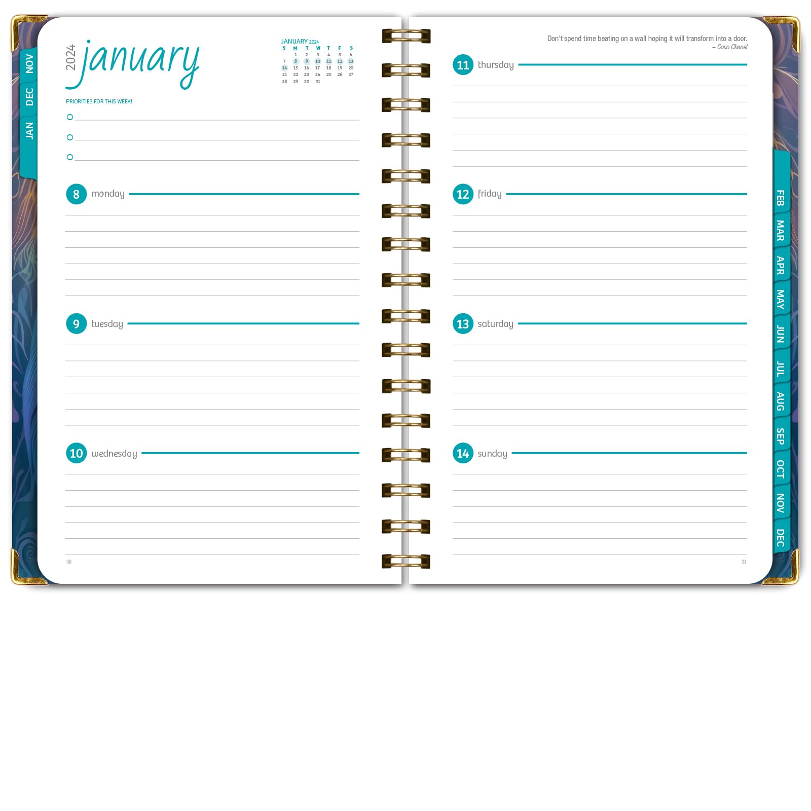 Global Printed Products HARDCOVER 2024 Planner: (November 2023 Through December 2024) 5.5"x8" Daily Weekly Monthly Planner Yearly Agenda Bookmark, Pocket Folder & Sticky Note Set (Pastel Peacock)