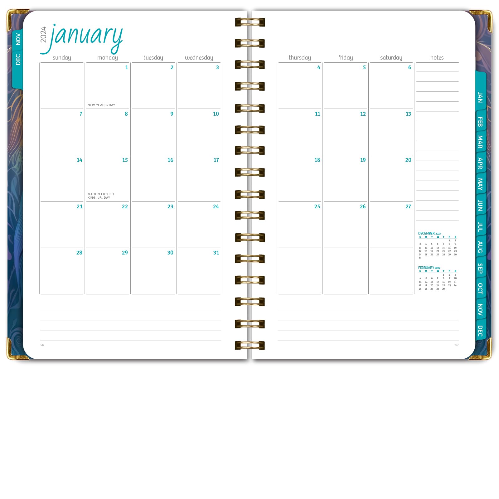 Global Printed Products HARDCOVER 2024 Planner: (November 2023 Through December 2024) 5.5"x8" Daily Weekly Monthly Planner Yearly Agenda Bookmark, Pocket Folder & Sticky Note Set (Pastel Peacock)