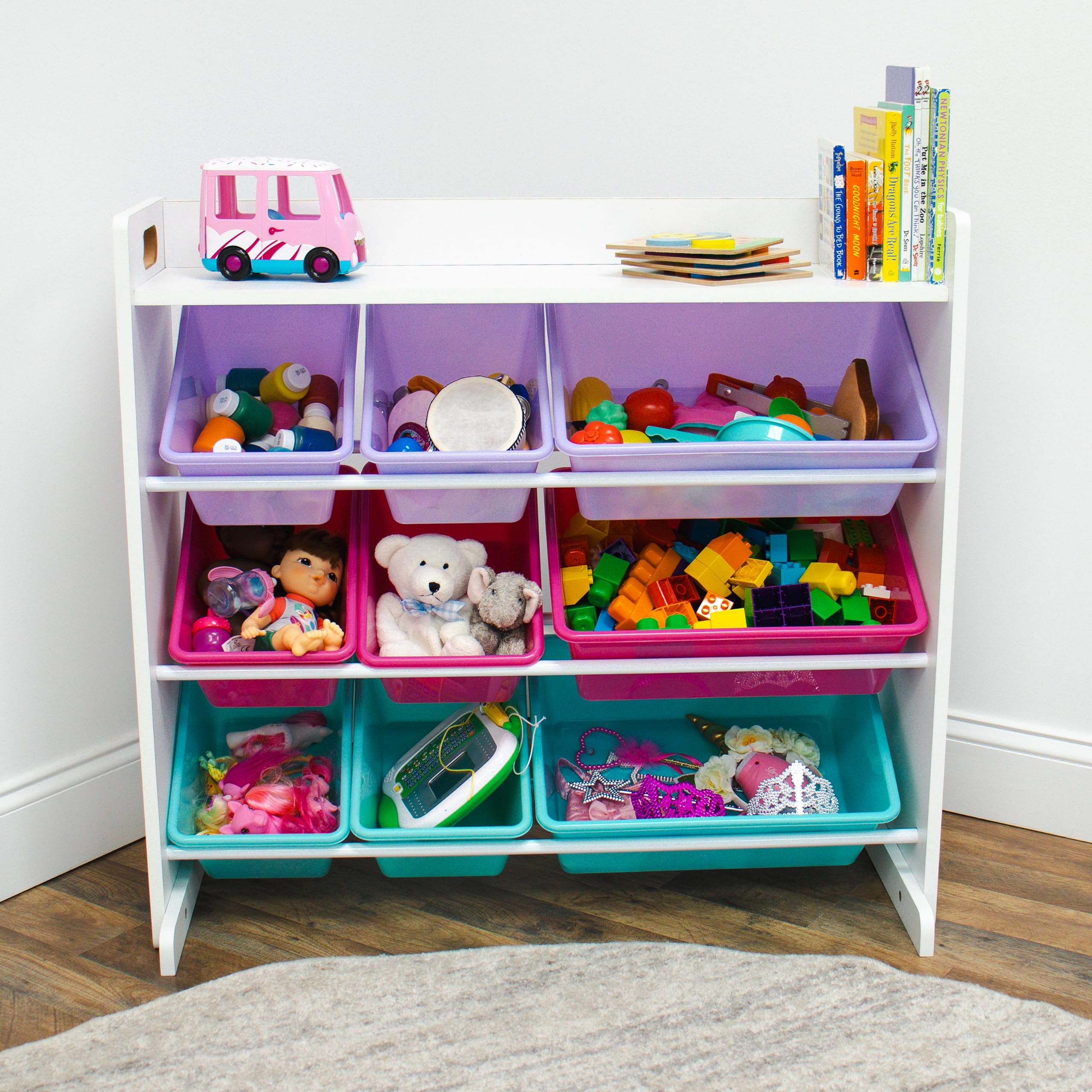 Humble Crew, White/Pink/Purple/Aqua Forever Toy Organizer with Shelf and 9 Storage Bins