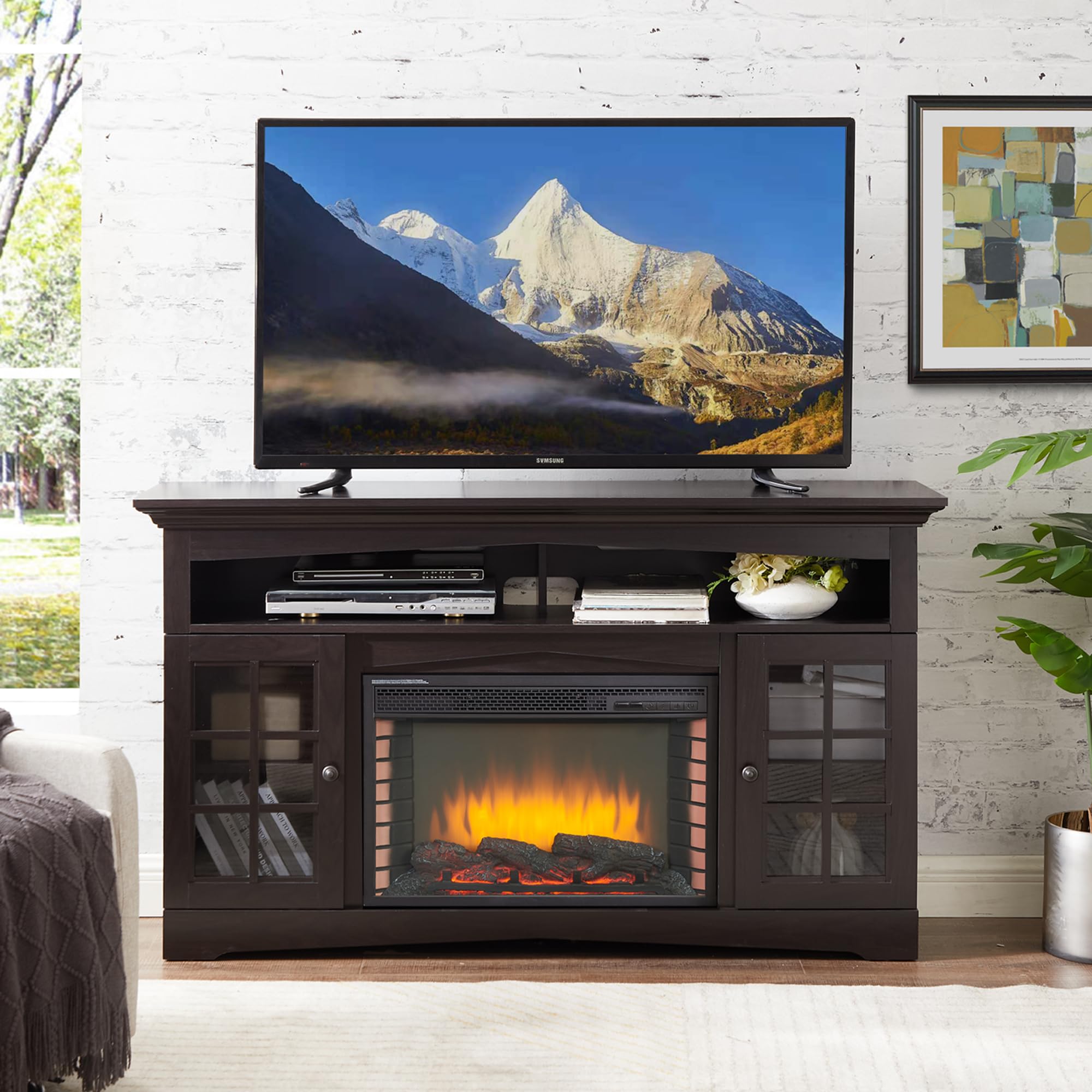 Unineo Fireplace TV Stand up to 65 Inch TVs with 27‘’ Electric Fireplace Insert, Traditional Entertainment Center Media Console with Storage Cabinets, Adjustable Flame Effects, Remote Control, Brown