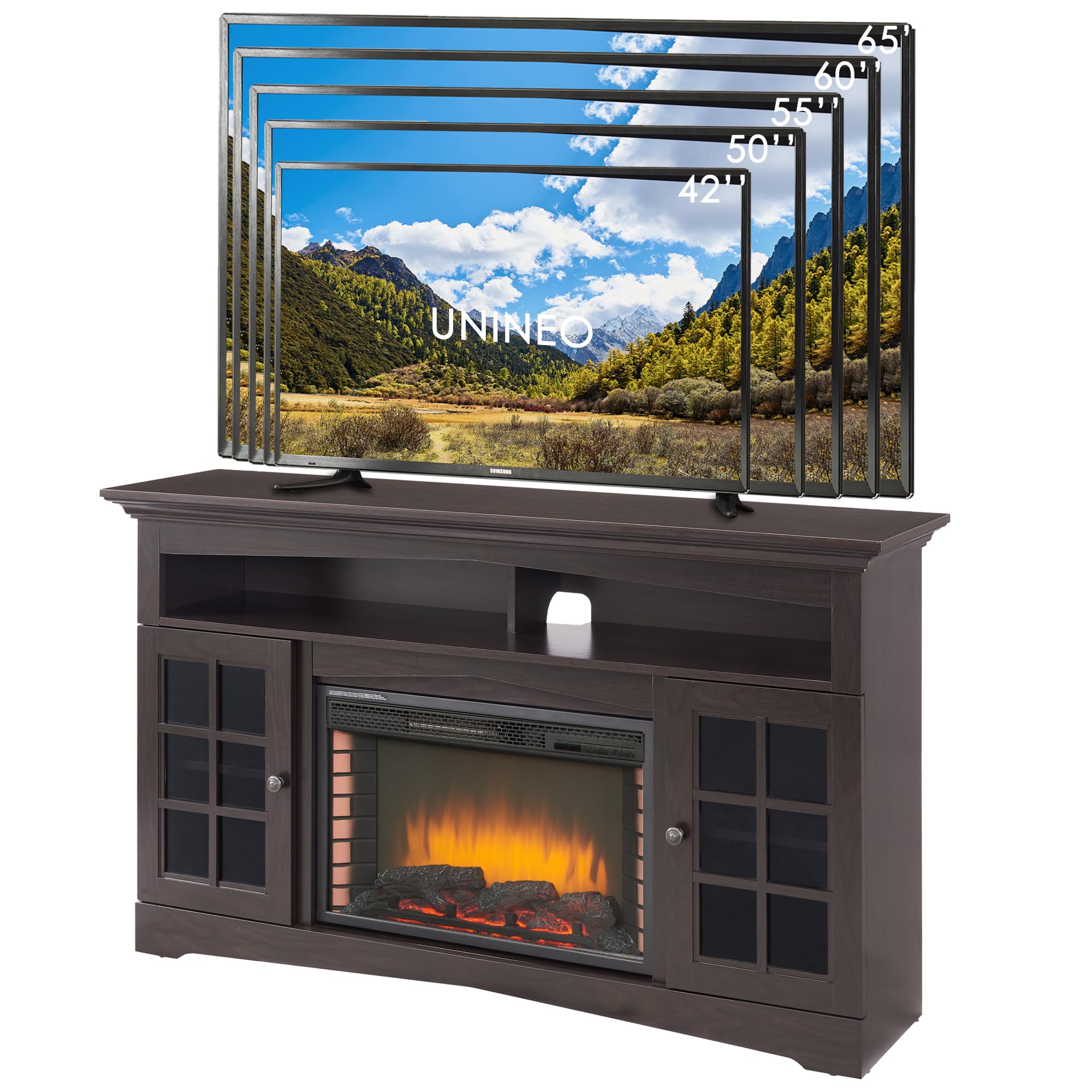 Unineo Fireplace TV Stand up to 65 Inch TVs with 27‘’ Electric Fireplace Insert, Traditional Entertainment Center Media Console with Storage Cabinets, Adjustable Flame Effects, Remote Control, Brown