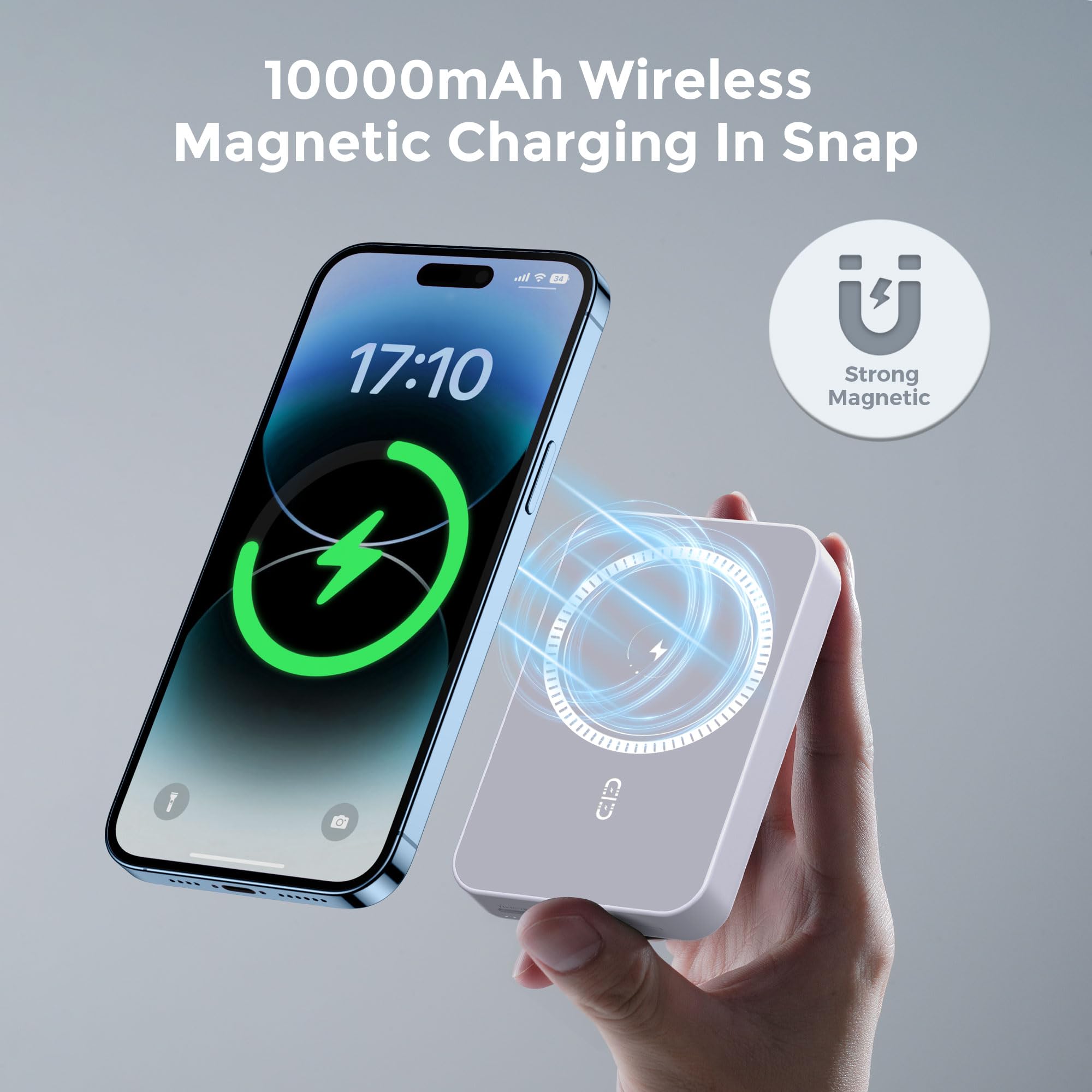 NOHON Wireless Charger Portable Mag-Safe-Battery Pack: 10000mAh Power Bank PD 20W Fast Charging with USB-C Cable, External Powerbank for Mag-Safe, for iPhone 15 14 13 12 Mini Pro Pro Max (White)