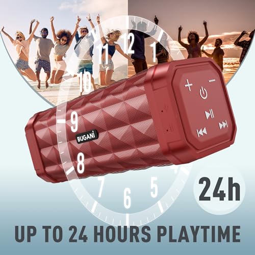 BUGANI Bluetooth Speaker, Portable Speaker Stereo Sound, IPX5 Waterproof Wireless Speaker, Built-in Microphone 24H Play, 100FT Bluetooth Range, Type-C, Outdoor Speakers Suitable for Home/Travel, Red