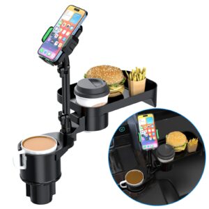 car cup holder tray with phone mount, 4 in 1 detachable car cup holder food tray expander with solid base, two cup holders, food tray and phone mount, road trip essentials for iphone 15 and smartphone