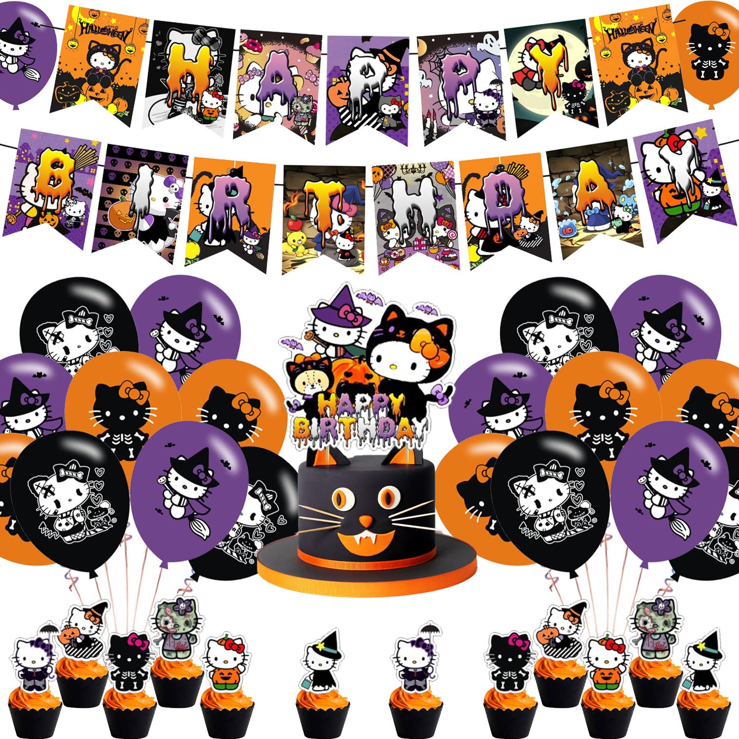 Halloween 𝓗𝓮𝓵𝓵𝓸 𝓚𝓲𝓽𝓽𝔂 Party Decorations,Birthday Supplies For Skelebones Halloween 𝓚𝓲𝓽𝓽𝔂 Includes Banner - Cake Topper 12 Cupcake Toppers 18 Balloons