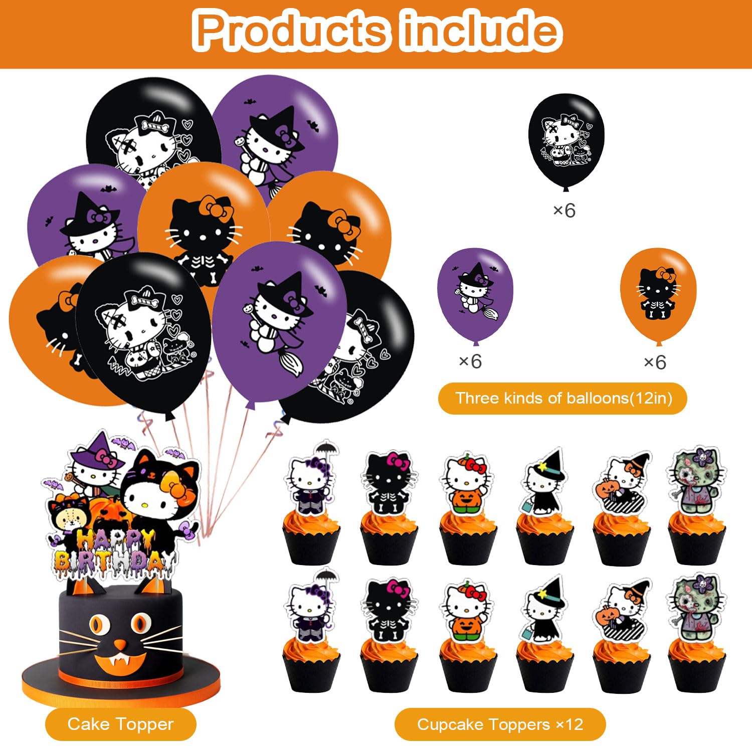 Halloween 𝓗𝓮𝓵𝓵𝓸 𝓚𝓲𝓽𝓽𝔂 Party Decorations,Birthday Supplies For Skelebones Halloween 𝓚𝓲𝓽𝓽𝔂 Includes Banner - Cake Topper 12 Cupcake Toppers 18 Balloons