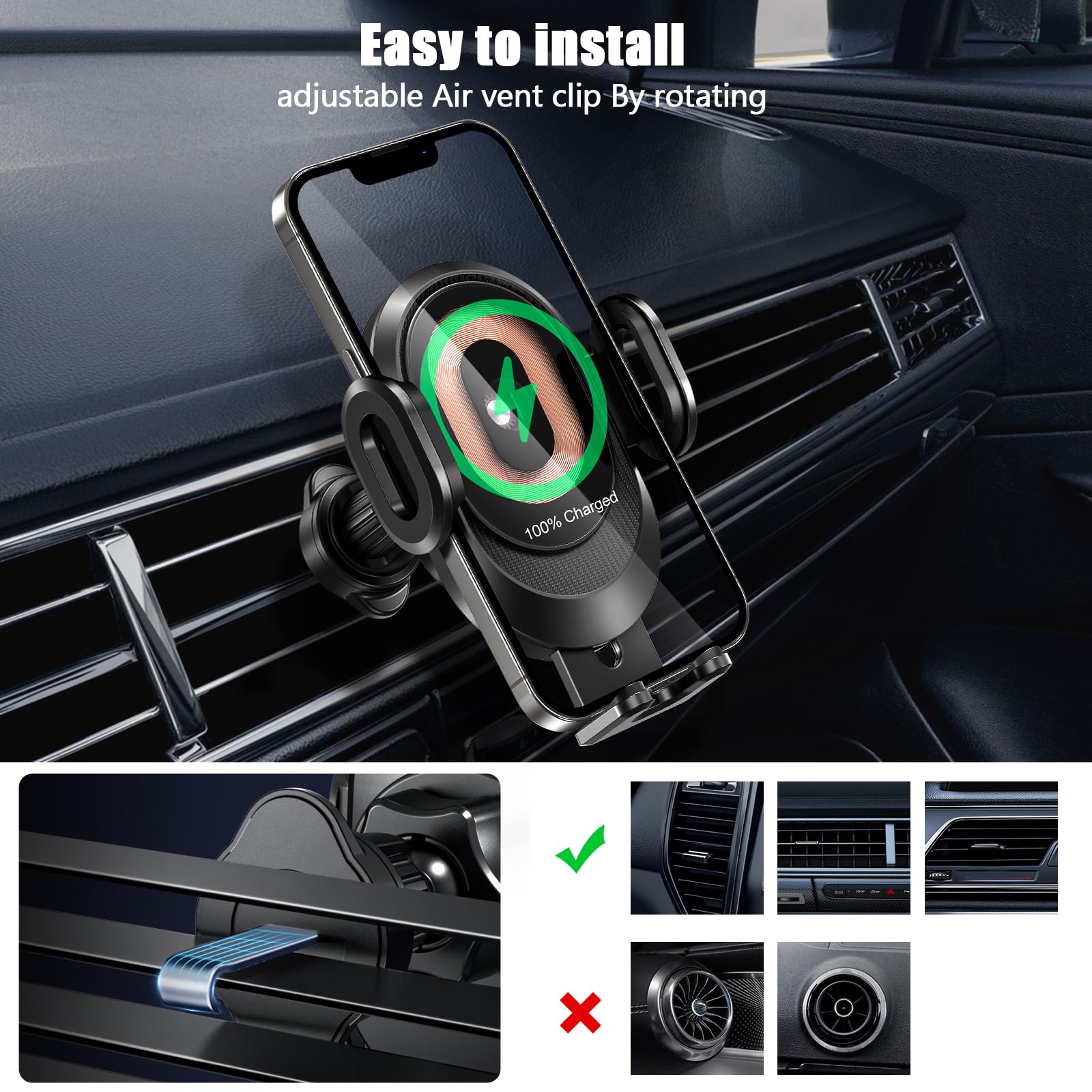 Wireless Car Charger, 15W Qi Fast Charging Auto Clamping Car Charger Phone Holder Mount, Touch Control Air Vent Cell Phone Holder for iPhone 15/14/13, Samsung S23/S22, Pixel 7,etc