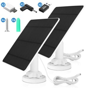 5w solar panel for security camera 2 pack, 5v solar panel charger with micro usb, dc 3.5mm, usb & type-c port, ip65 waterproof solar panel for camera with 9.8ft cable, 360° adjustable bracket