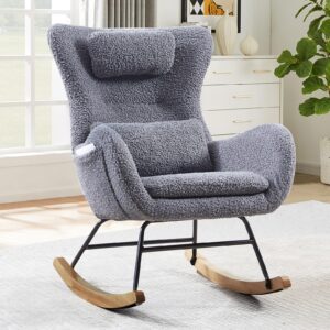 nioiikit nursery rocking chair, teddy upholstered glider rocker with headrest and lumbar pillow, high backrest rocking accent chair with side pocket, comfy armchair for living room (grey)