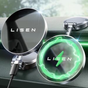 lisen for magsafe car mount charger 15w, [360° rotation] iphone wireless car charger magnetic foldable car phone holder, for dashboard magsafe charing mount fits iphone 15 14 13 12 pro max plus