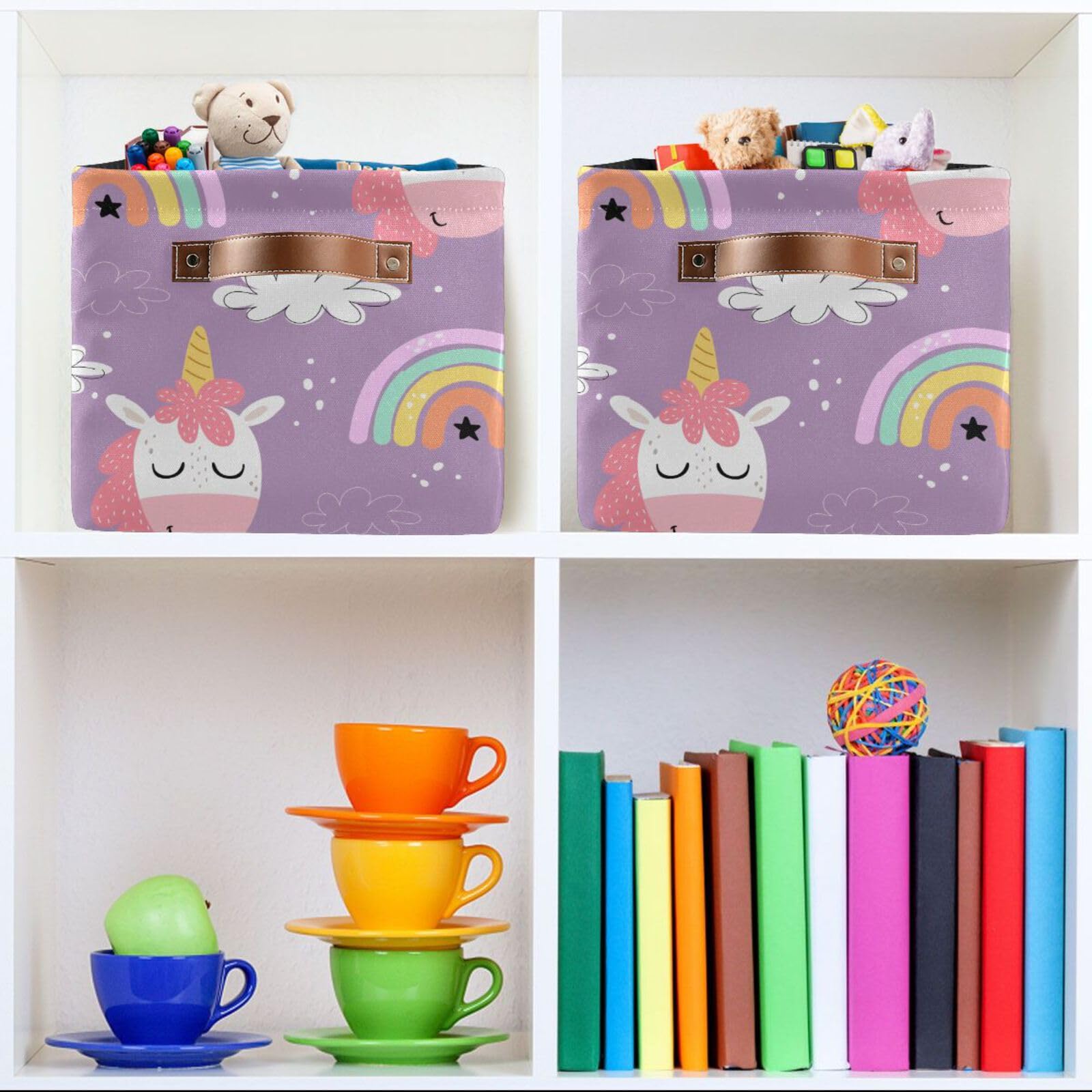 Unicorn Rainbow Cloud Storage Basket Collapsible Storage Bins Cubes Box Toy Chest Fabric Clothes Hamper Gift Baskets for Shelves Office Home Nursery Shoes with Leather Handles