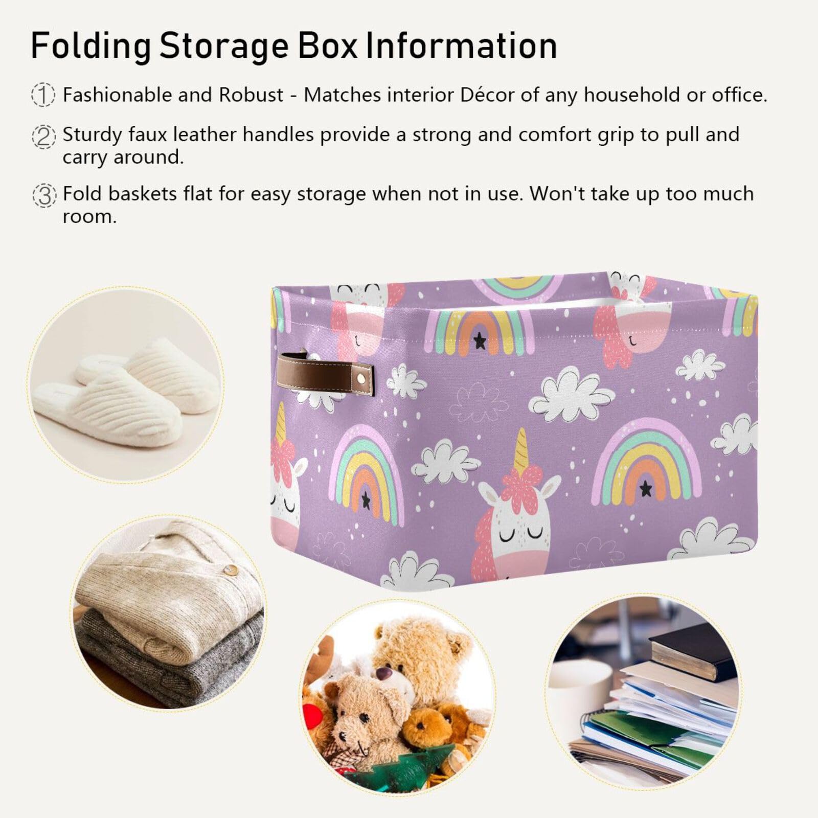 Unicorn Rainbow Cloud Storage Basket Collapsible Storage Bins Cubes Box Toy Chest Fabric Clothes Hamper Gift Baskets for Shelves Office Home Nursery Shoes with Leather Handles