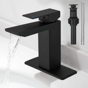 hoimpro matte black waterfall single hole bathroom faucet with 6" deck plate, stainless steel bathroom sink faucet with pop-up drain, rv vanity vessel faucet with supply lines, matte black