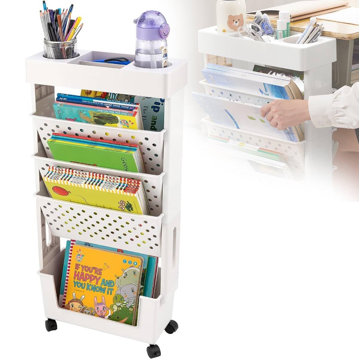 5 Tier Rolling File Cart Utility cart with Wheels Classroom Deskside Book Shelf Removable Movable Bookcase Organizer for Teachers Documents Organizers and Storage Bookshelf (White)