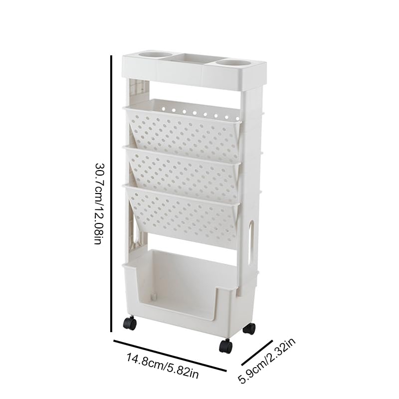 5 Tier Rolling File Cart Utility cart with Wheels Classroom Deskside Book Shelf Removable Movable Bookcase Organizer for Teachers Documents Organizers and Storage Bookshelf (White)