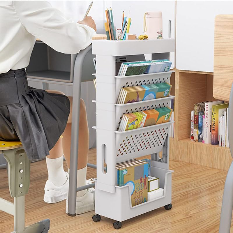 5 Tier Rolling File Cart Utility cart with Wheels Classroom Deskside Book Shelf Removable Movable Bookcase Organizer for Teachers Documents Organizers and Storage Bookshelf (White)