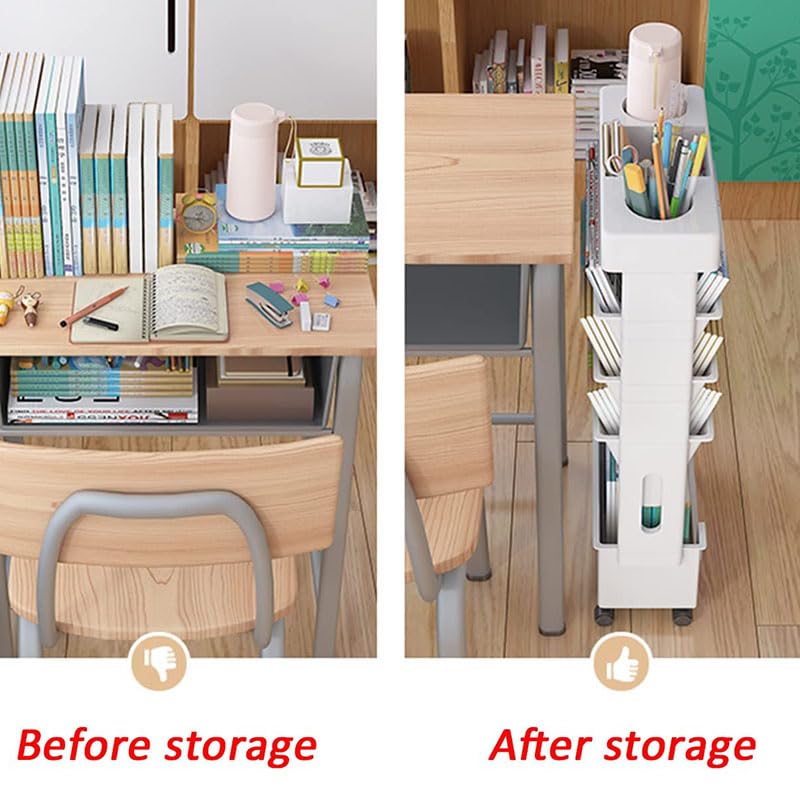 5 Tier Rolling File Cart Utility cart with Wheels Classroom Deskside Book Shelf Removable Movable Bookcase Organizer for Teachers Documents Organizers and Storage Bookshelf (White)