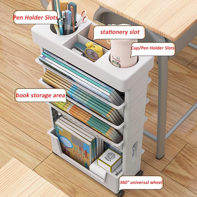 5 Tier Rolling File Cart Utility cart with Wheels Classroom Deskside Book Shelf Removable Movable Bookcase Organizer for Teachers Documents Organizers and Storage Bookshelf (White)