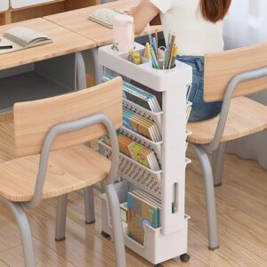 5 Tier Rolling File Cart Utility cart with Wheels Classroom Deskside Book Shelf Removable Movable Bookcase Organizer for Teachers Documents Organizers and Storage Bookshelf (White)