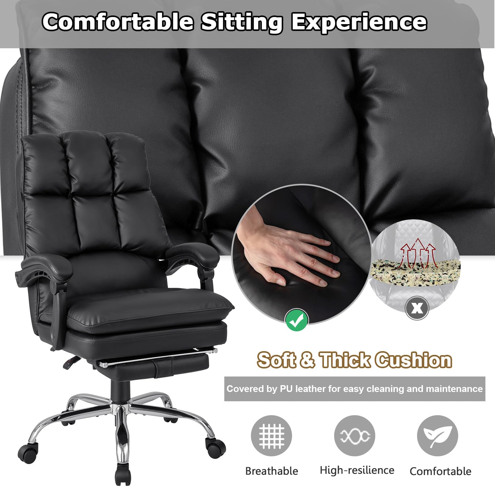 TOMANOR Office Chair with Foot Rest, Reclining Executive Office Chair PU Leather Home Office Desk Chair Comfy Managerial Computer Desk Task Chair Padded Armrests