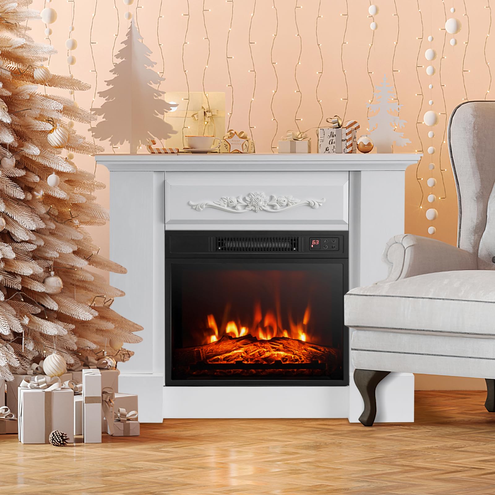 ORALNER 32” Electric Fireplace with Mantel, Package Wooden Firebox Surround Freestanding Fireplace Insert Heater w/ 3 Flame Effects, Remote & 6H Timer, Overheat Protection, 1400W (White)